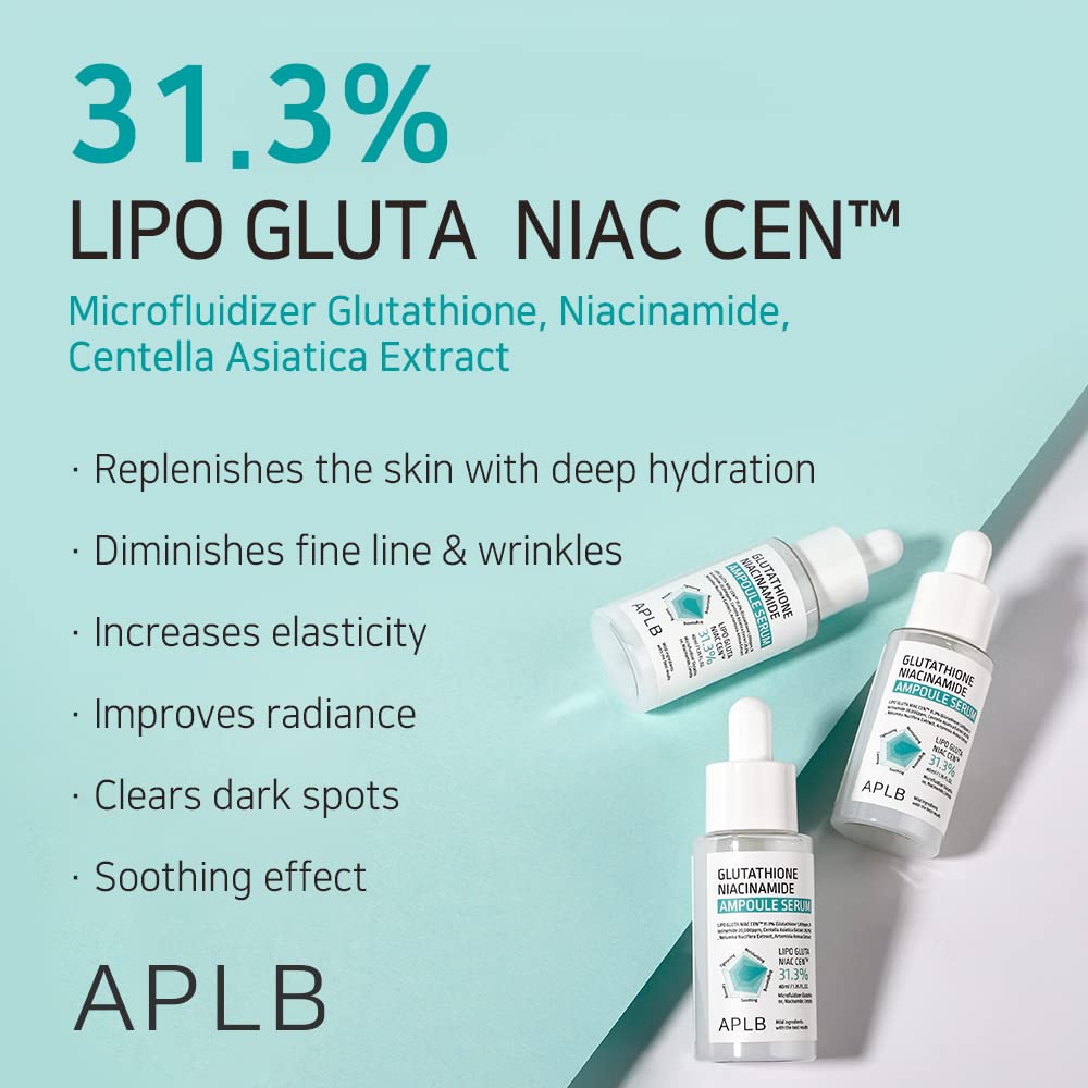 Aplb Glutathione Niacinamide Ampoule Serum | Lipo Gluta Niac Cen 31.3% 1.35 Fl.Oz/Korean Skincare, Long Lasting Moisturizing, Im