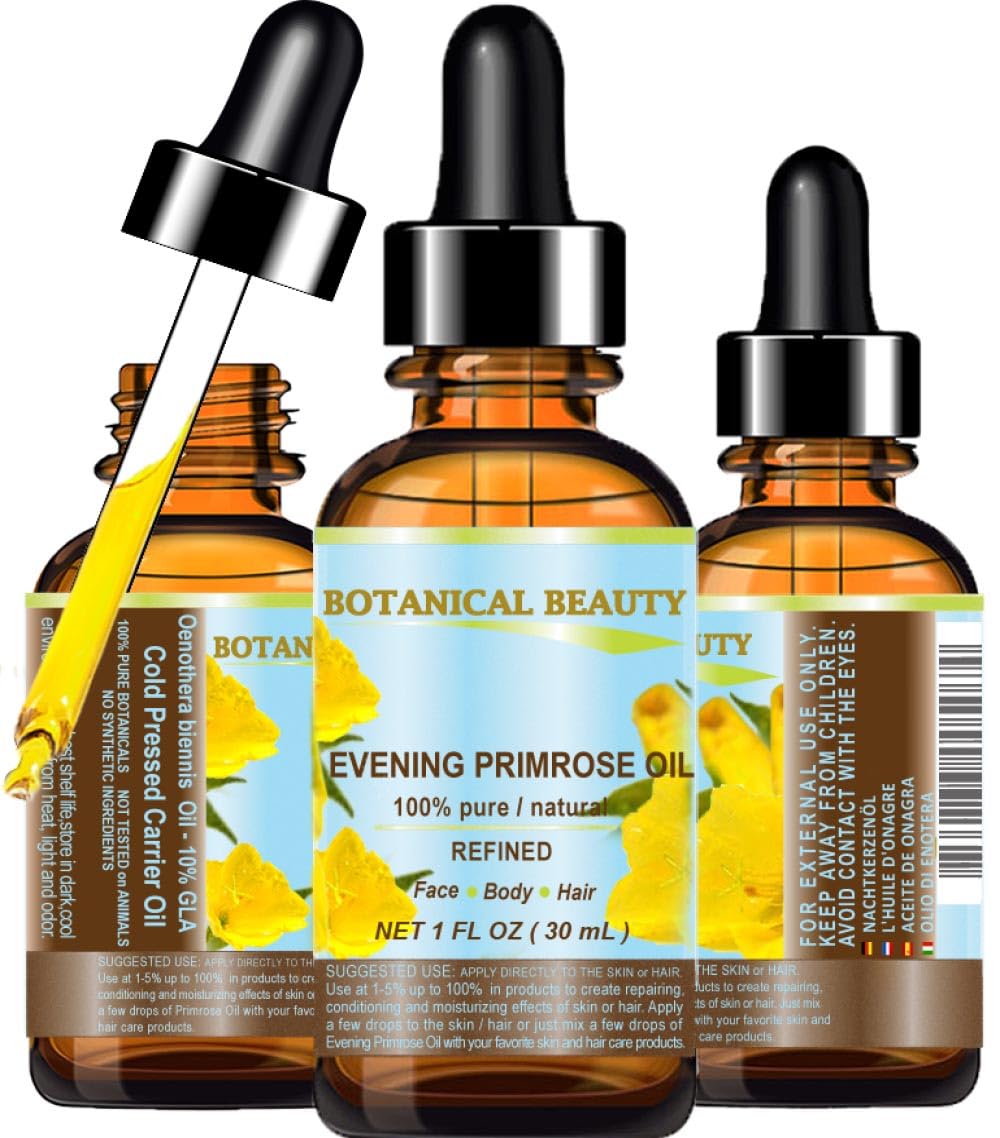 Botanical Beauty EVENING PRIMROSE OIL 100% Pure Natural Undiluted Unrefined Virgin Cold Pressed Carrier Oil. 1 Fl.oz.- 30 ml for