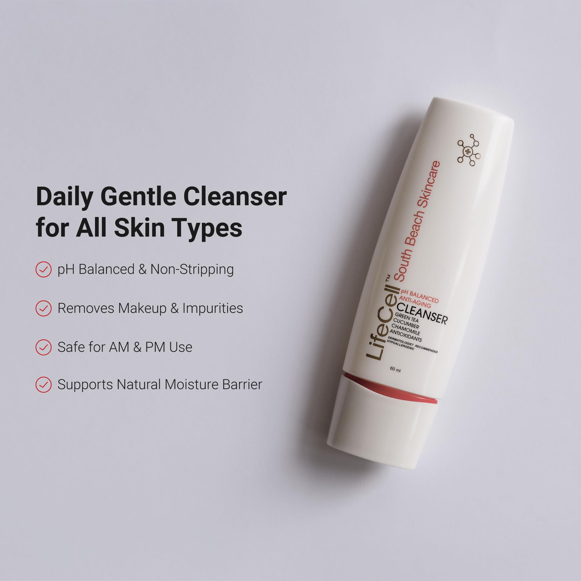 LifeCell Anti-Aging Facial Cleanser - pH Balanced Daily Face Wash with Green Tea, Cucumber, and Resveratrol - Hydrating & Gentle
