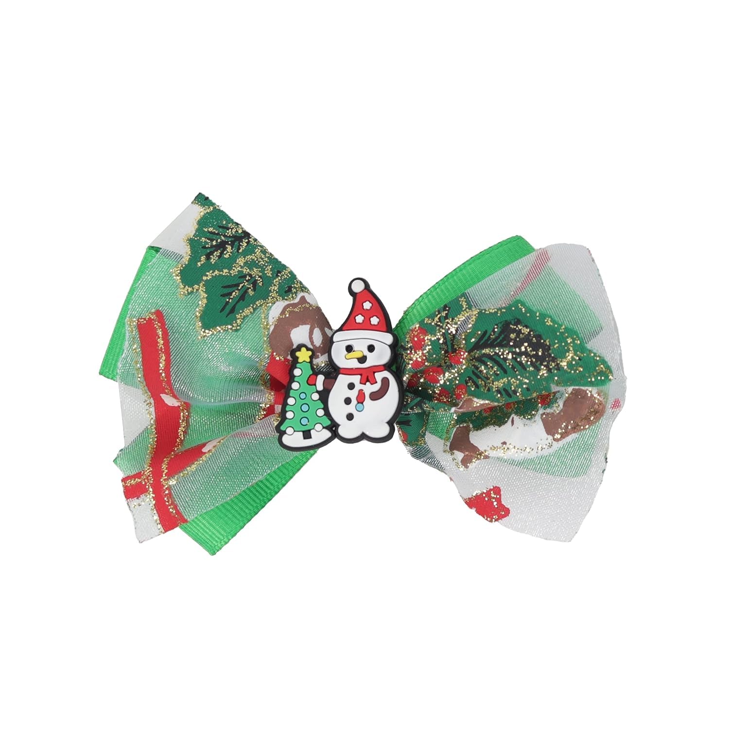 6 inch Hair Bow Sparkle Christmas Bow with Silicone Charm for Girls - Green Snowman Tree