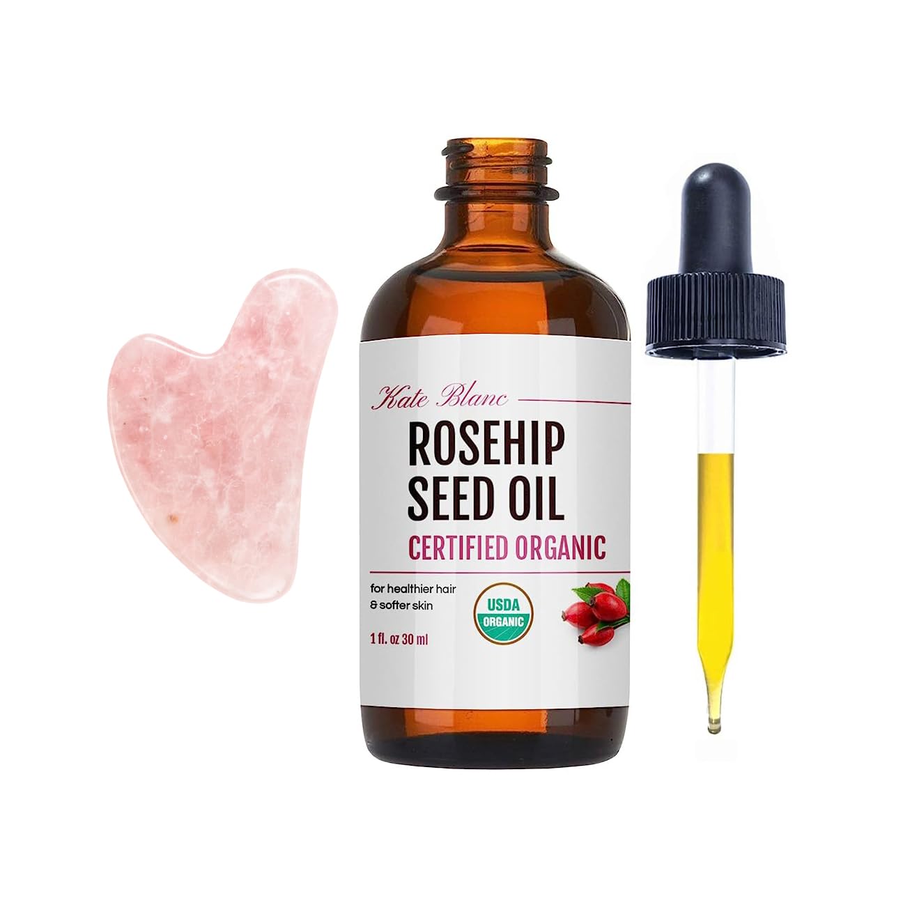 Kate Blanc Cosmetics Rosehip Oil for Face with Pink Gua Sha Stone (1oz, Organic, Pure, Cold Pressed) Rosehip Seed Face Oil for G