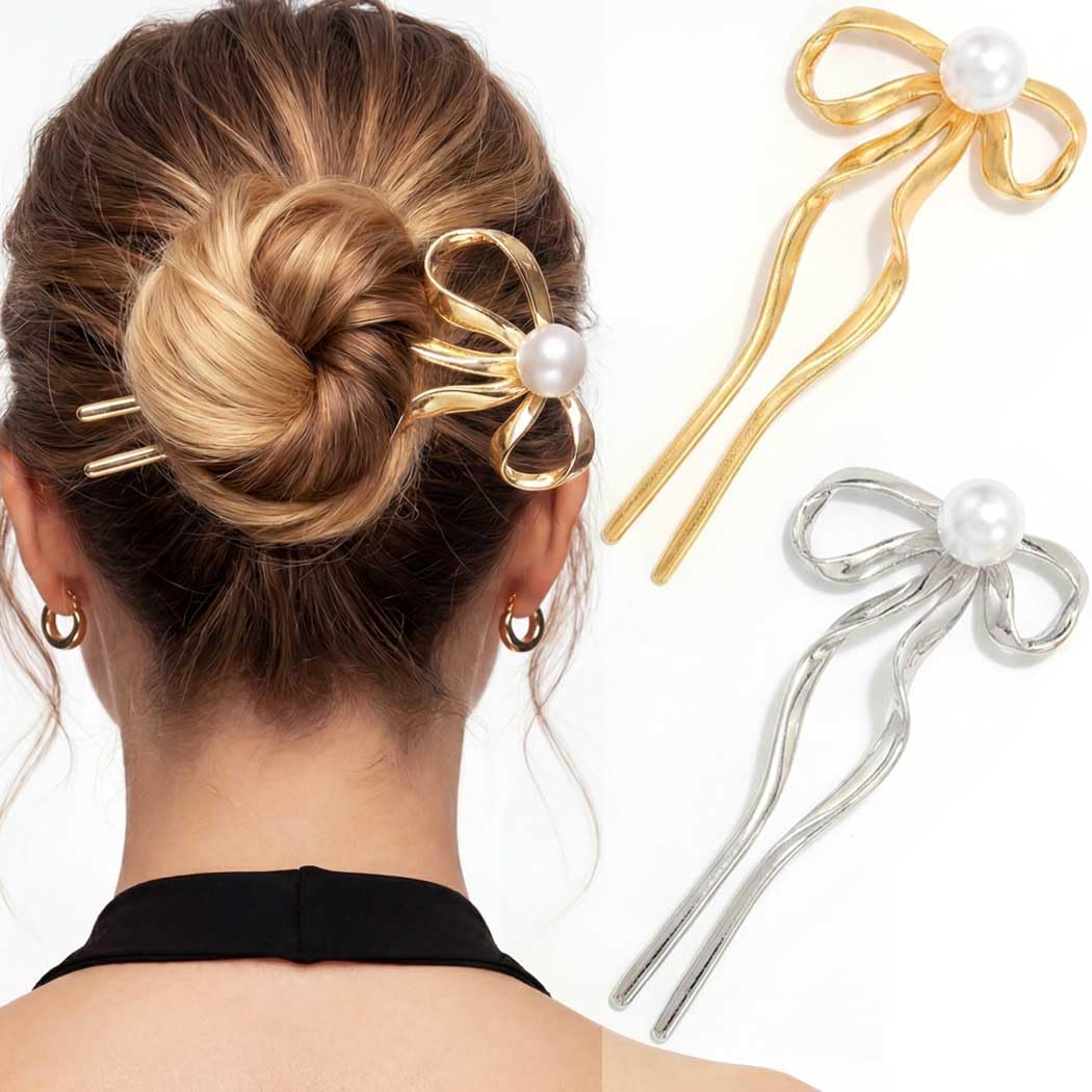 BARTOSI French Hair Pins Metal Bow Hair Fork for Updos Pearl U Shape Pin Fashion Hair Accessories for Women and Girls (Pack of 2