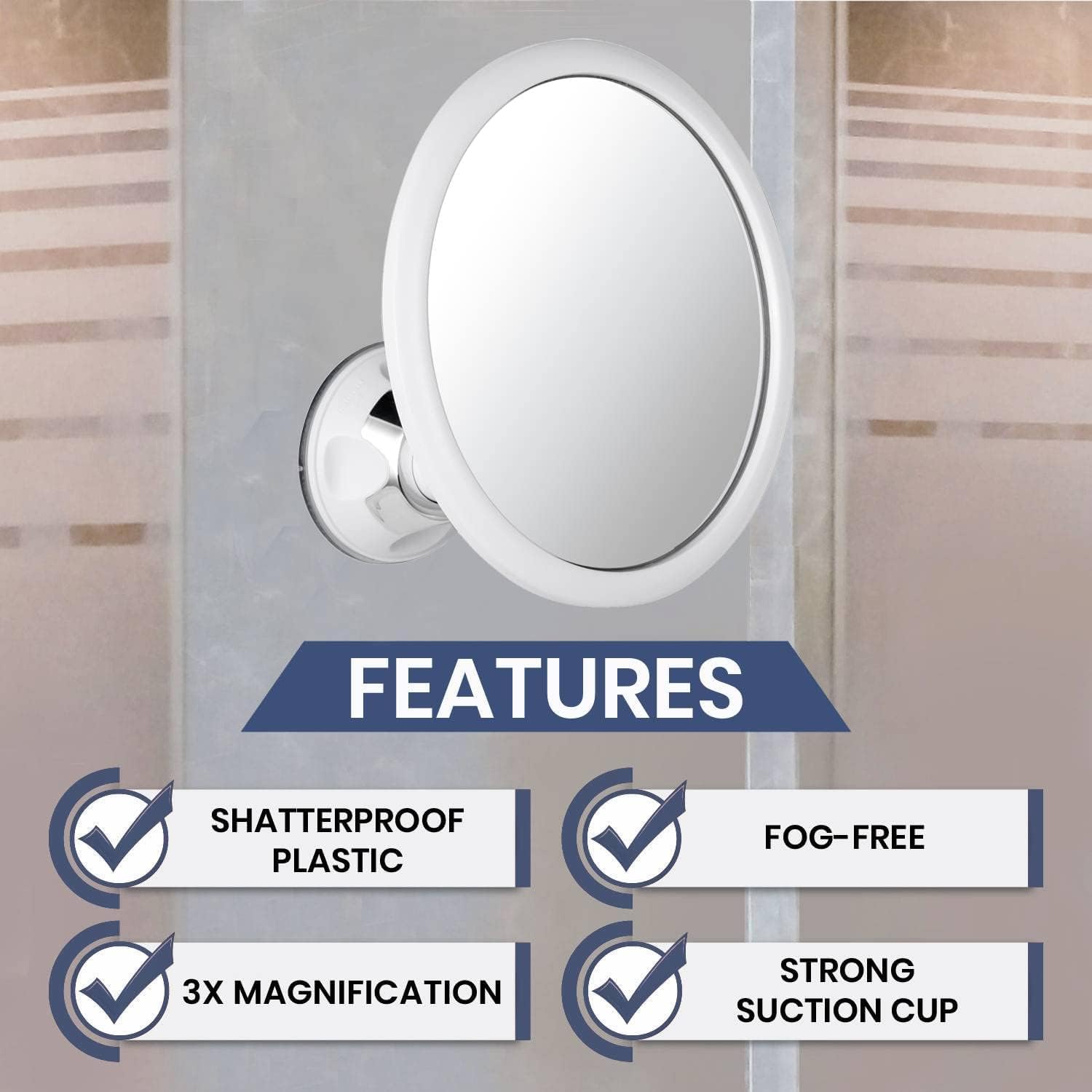MIRRORVANA 3X Magnifying Round Shower Mirror for Fogless Shaving with Strong and Sticky Suction Cup, Shatterproof Surface and 36