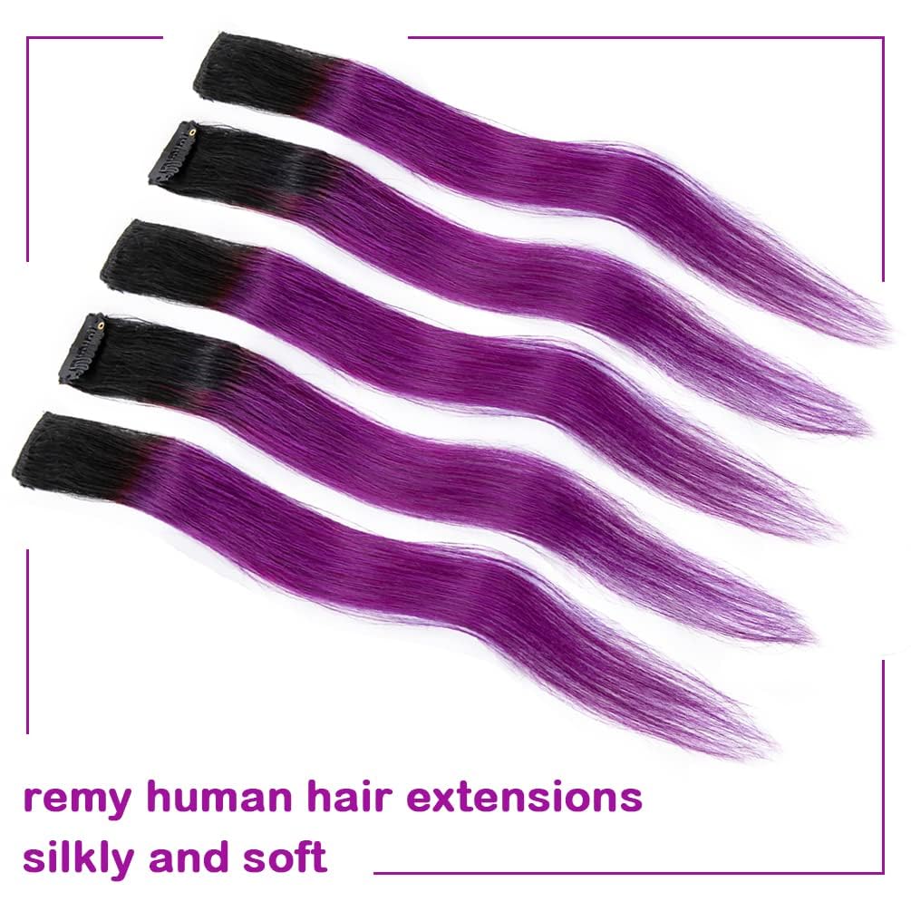 Winsky 100% Real Human Hair - Hairpiece For Women Clip On 5 Pieces/Set (18 Inch,1B-Purple)