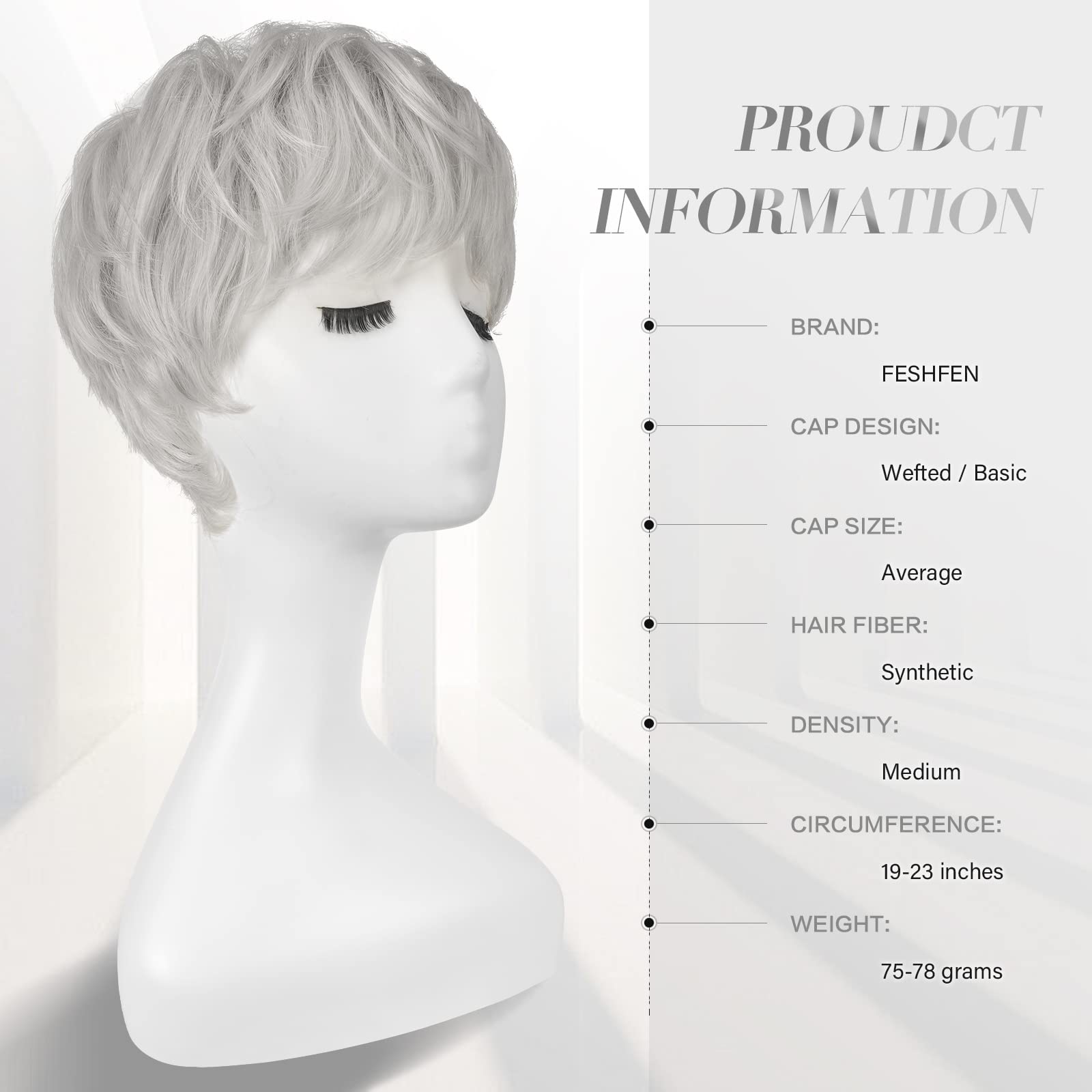 Feshfen Pixie Cut Wigs Synthetic Platinum Grey Short Pixie Haircut Wig With Bangs Glueless Layered Wavy Granny Gray Wigs For Wom