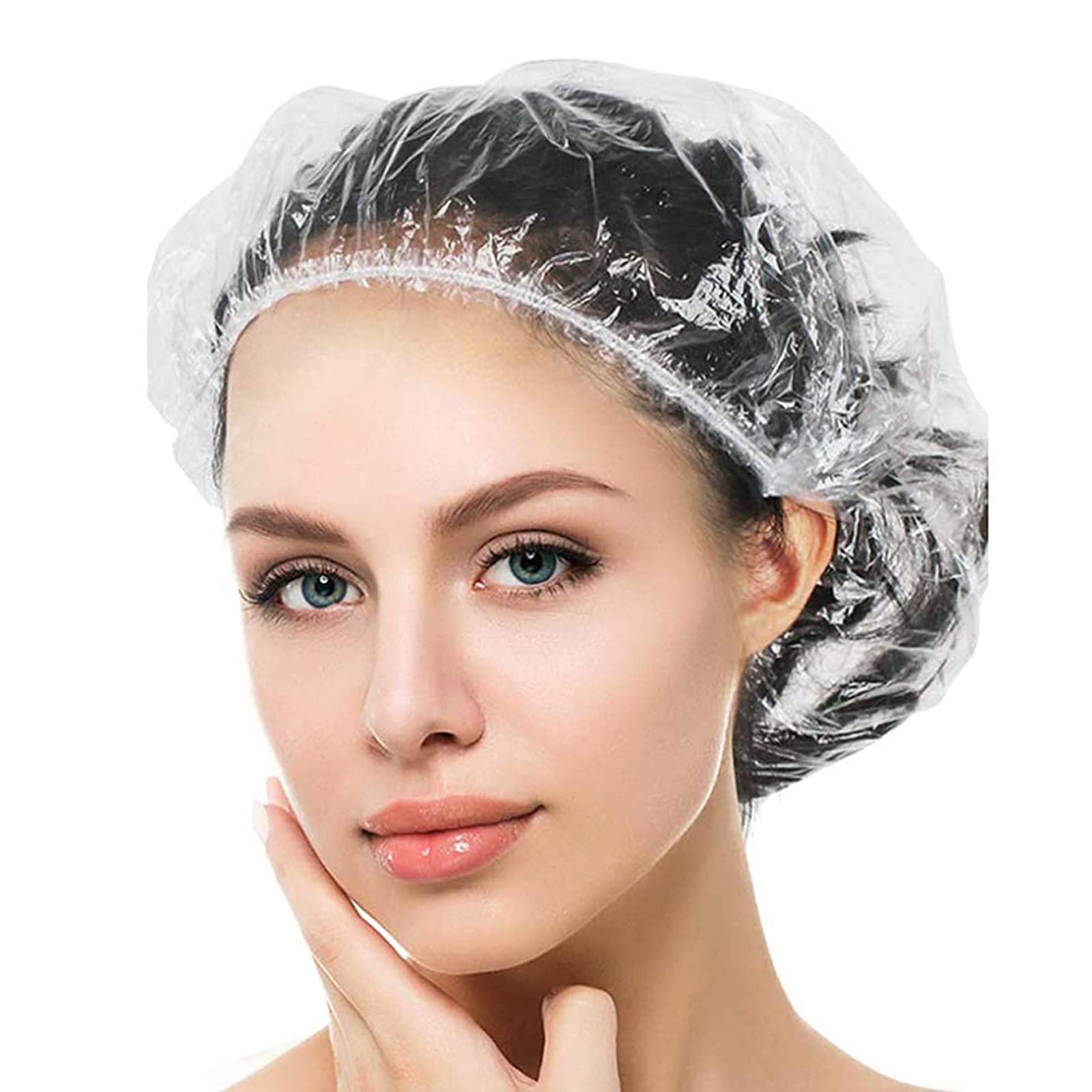 Yizijizi 100Pcs Disposable Shower Caps, Large Thick Clear Waterproof Shower Cap For Women, Large Size 20.5'', Home Use, Spa, Hot