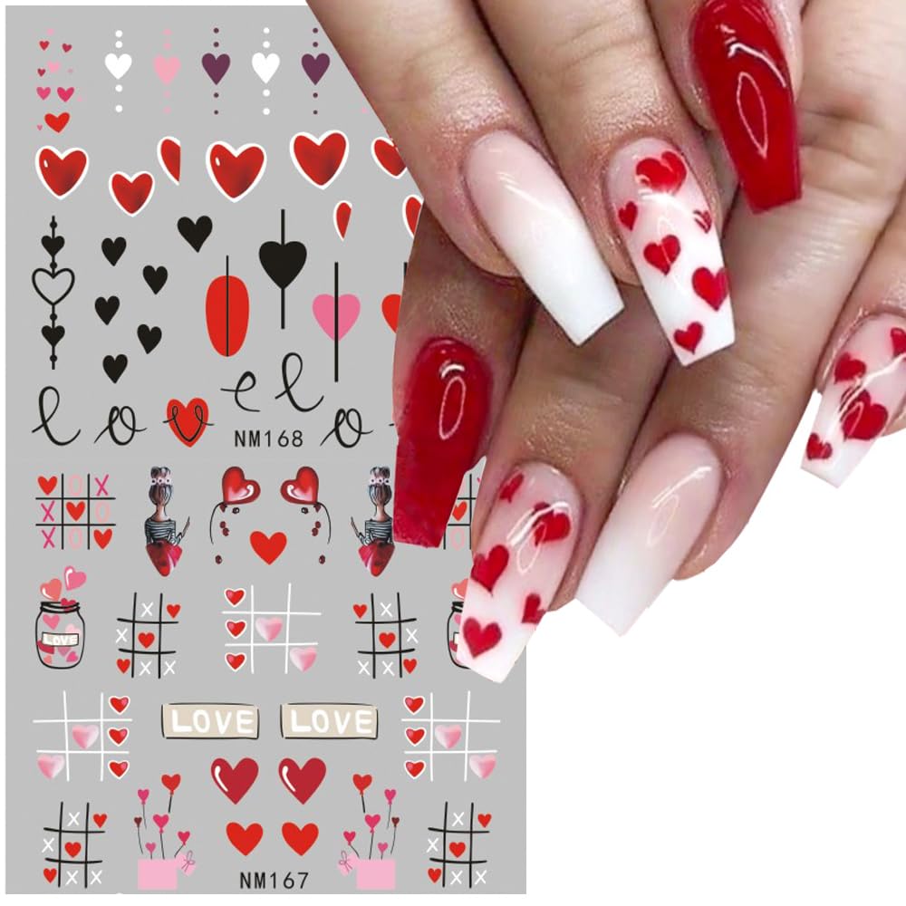 12 Sheets Valentine'S Day Nail Art Stickers Colorful Abstract Heart Love Design Water Transfer Nail Foils Decals Heart Valentine