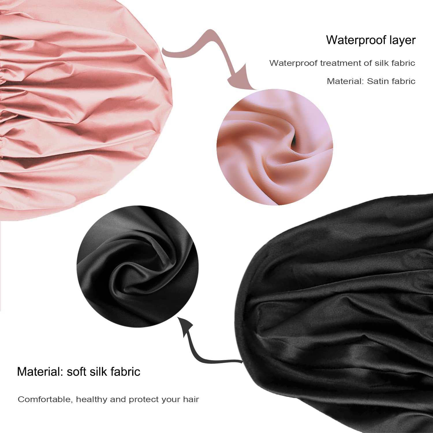 Amamba Shower Cap,100% Real Satin Lined Shower Cap,Extra Large Shower Cap For Women Reusable Waterproof,Adjustable Size&Long Hai