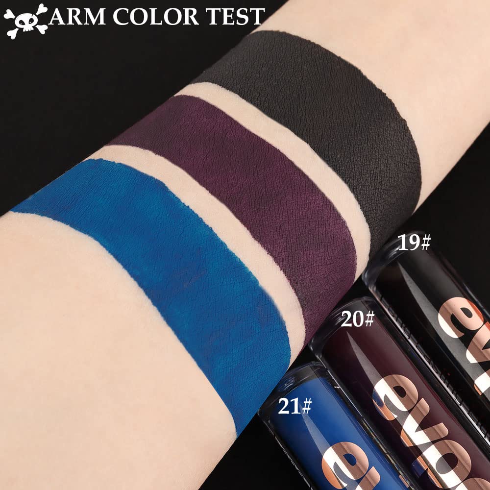 Evpct 3Pcs Dark Blue Black Purple Matte Liquid Lipsticks Matte Lip Gloss Stain Makeup Sets Smudge Proof, Skull Face 24 Hour Long