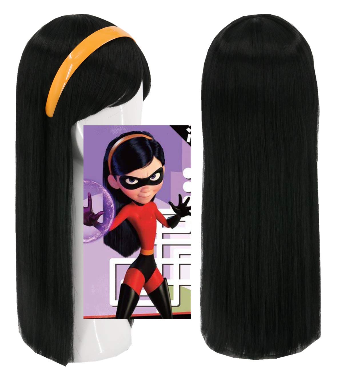 Topcosplay Girls Kids Wigs Black Long Straight Cosplay Halloween Costumes Party Wig with Headband