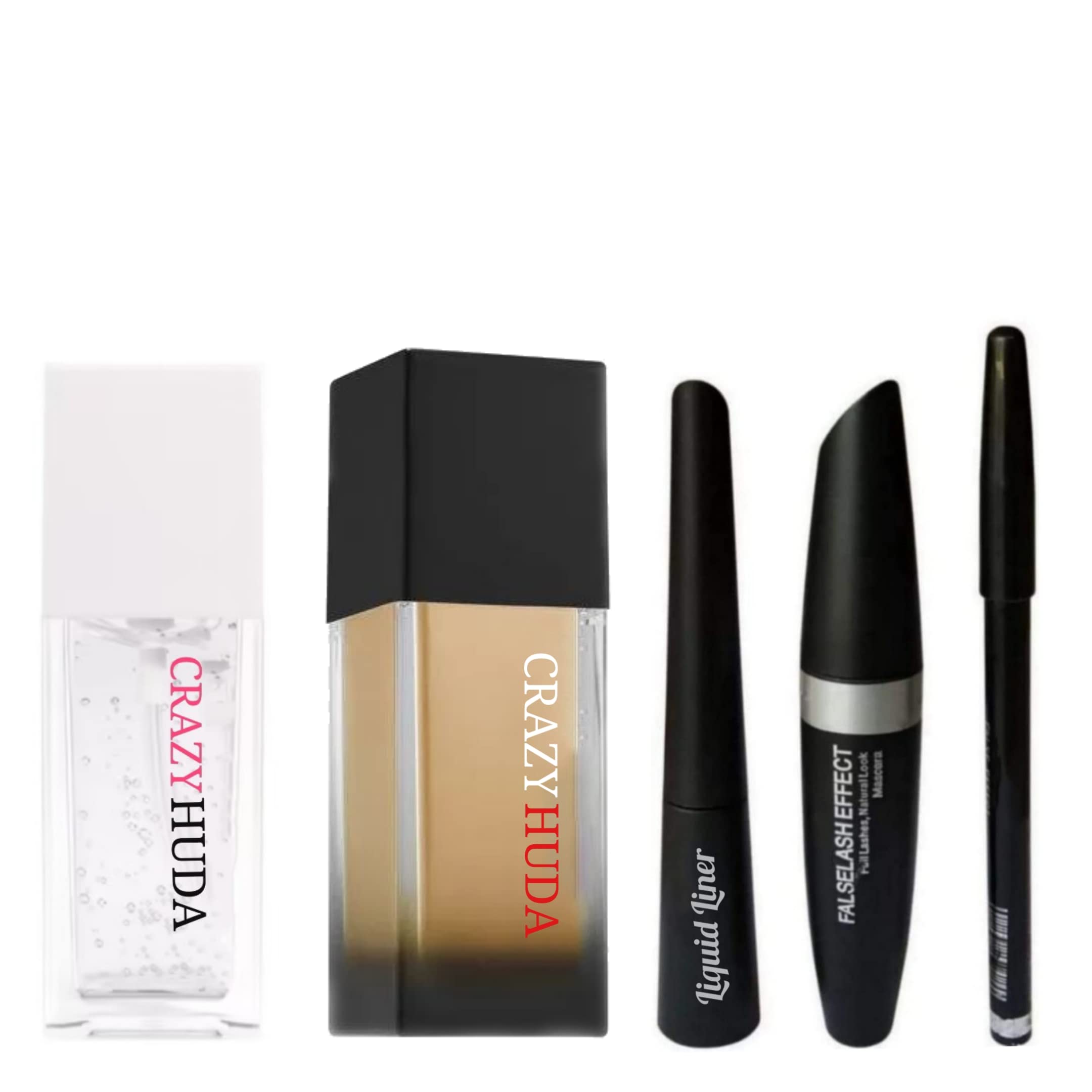 CrazyHuda Professional Waterproof Long Lasting Liquid Foundation, Base Di Teint Primer, Kajal, Liquid Eyeliner, Mascara (Set Of