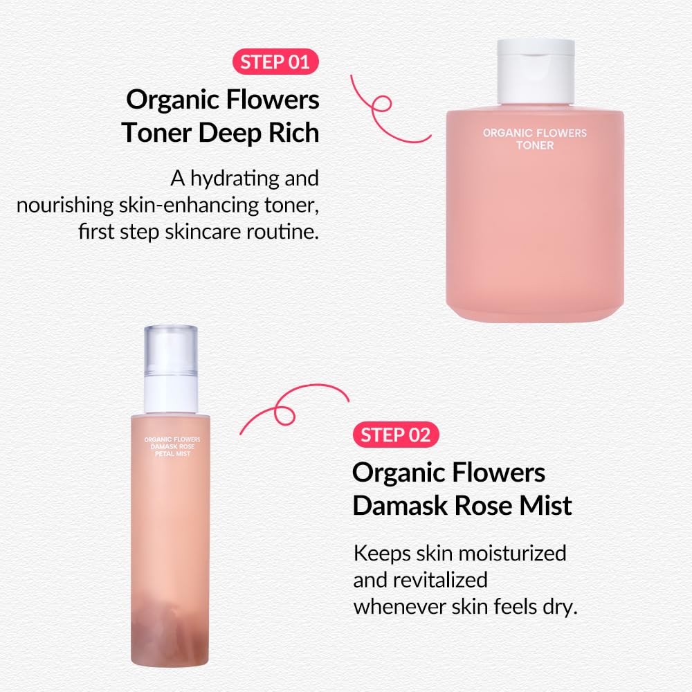 Whamisa Organic Flowers Damask Rose Petal Mist, Facial Mist Spray, Waterless Formula, Fermented Postbiotics, Hydration, Portable