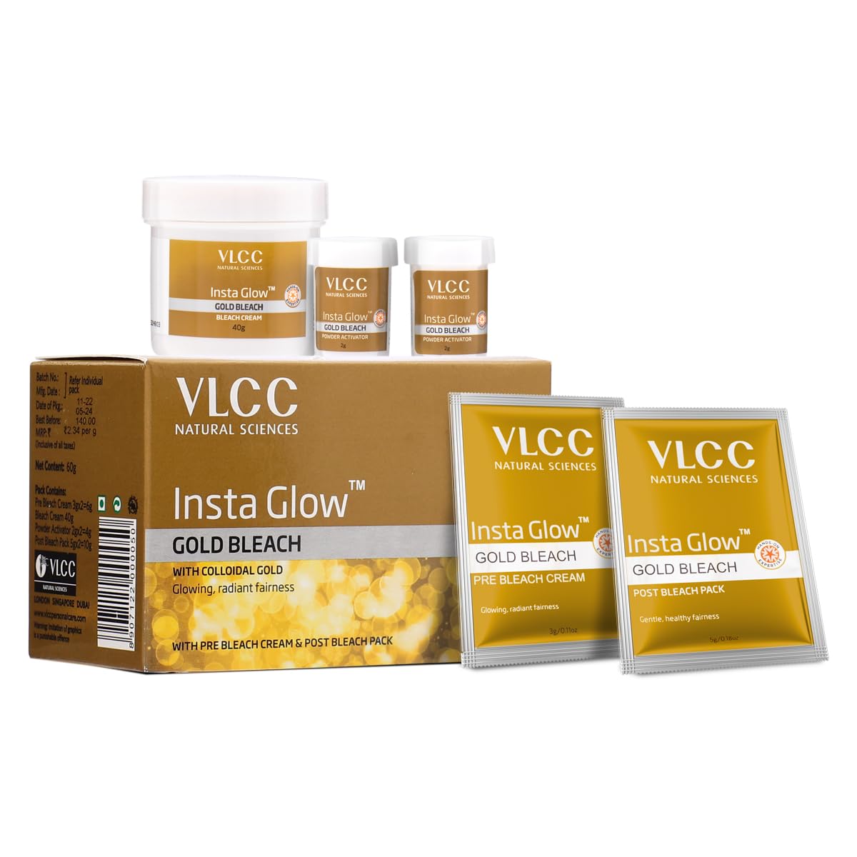 VLCC Gold Facial Kit - Single Use | Salon Like Facial at Home in Just 6-Steps | Includes Cleanser, Scrub, Cream, Face Pack & Moi