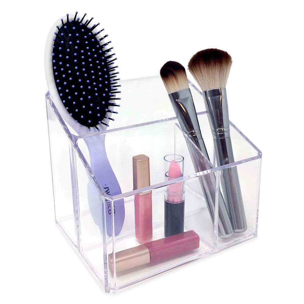 Isaac Jacobs Clear Acrylic 3-Compartment Organizer, Remote Holder & Multi-Functional Makeup, Brush, Pen & Pencil Storage Solutio