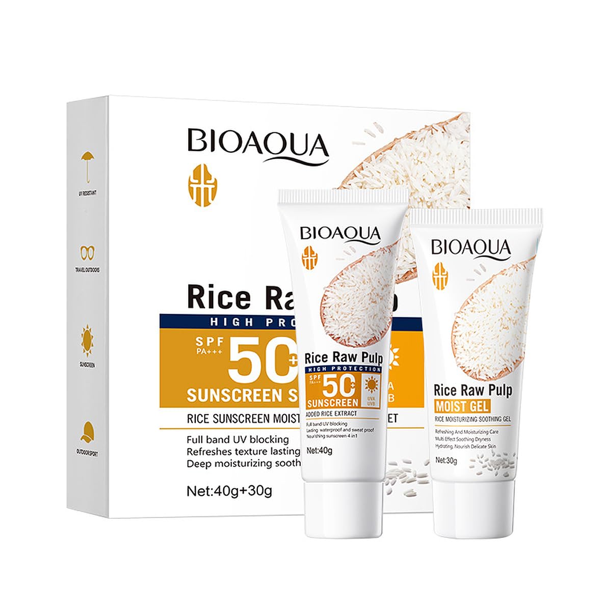 BIOAQUA Rice Raw Pulp SPF50 Sunscreen Moist Gel 2pcs Set 40g+30g