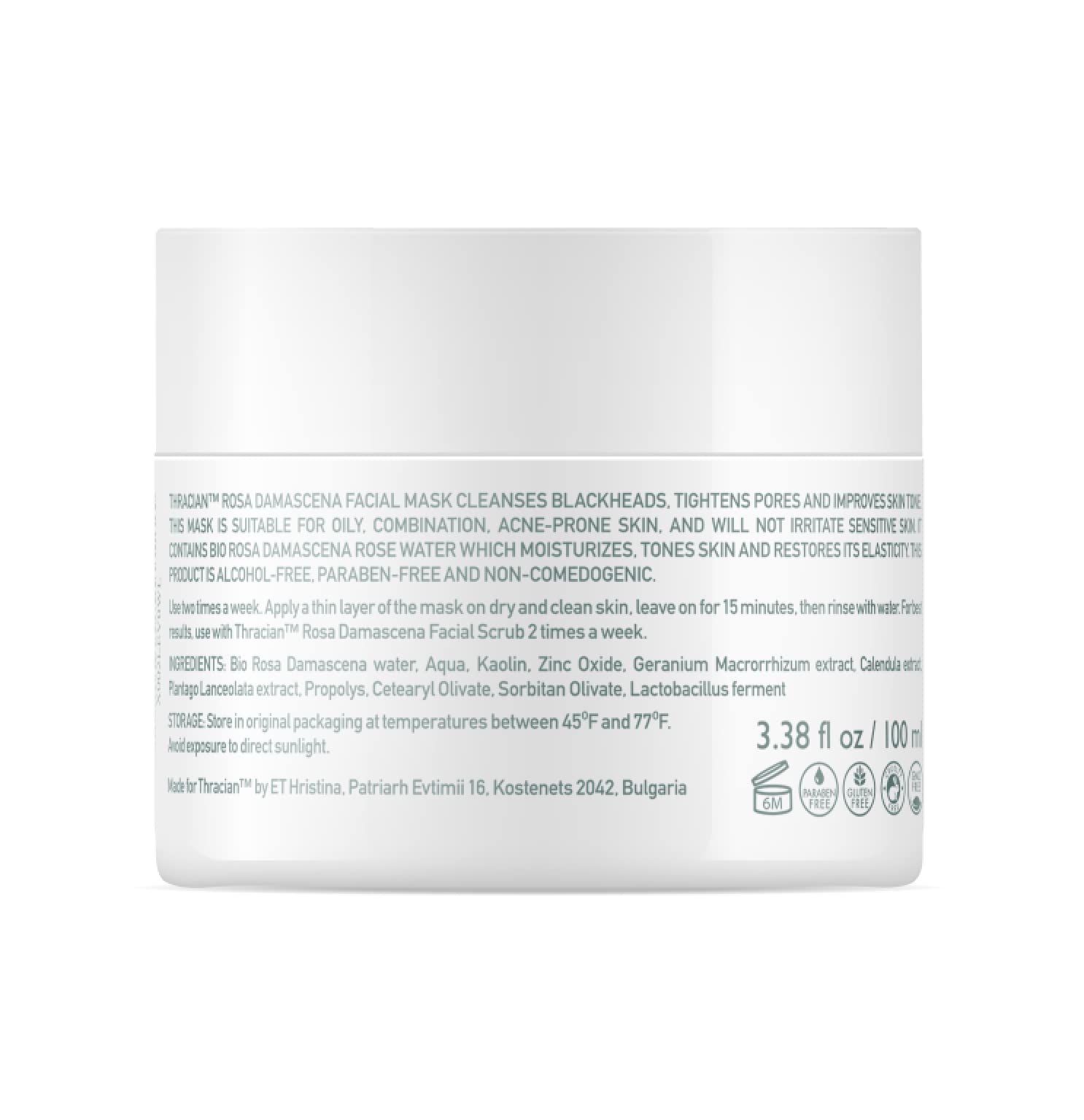Thracian Bio Rosa Damascena Facial Mask, Natural Gentle Cleansing Clay Mask With Zinc And Bio Bulgarian Rose Water For Blackhead