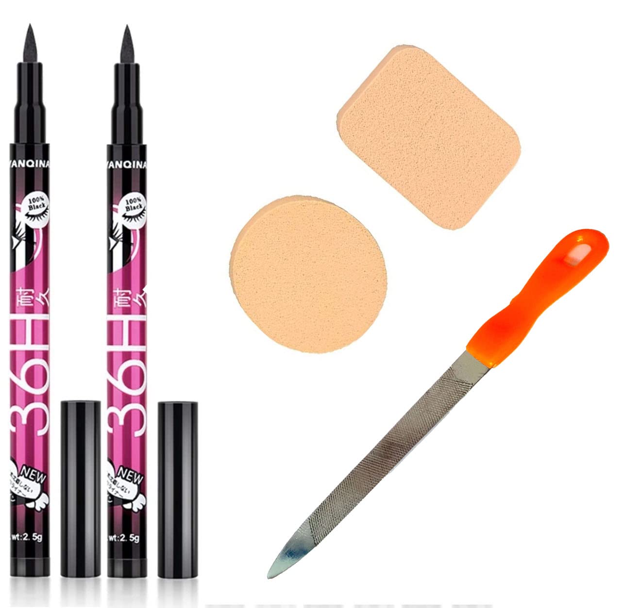 Topfinder Best Combo Pack2Pc Waterproof Black Kajal + 2Pcs Makeup Sponge + 1Pc Nail FilerPencil Eyeliner Set 24H Long Lasting 