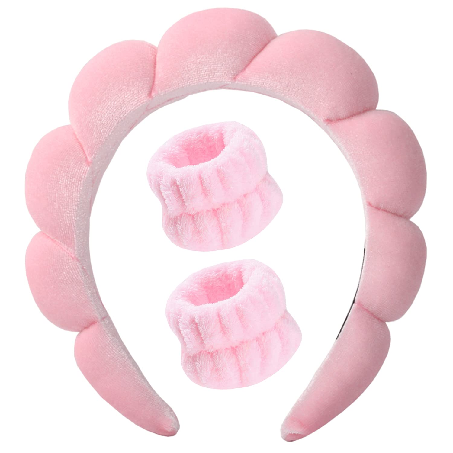 Luckybear Spa Headband for Washing Face, Velvet Makeup Headband, Bubble Skincare Headbands with Face Wash Wristbands, Sponge Puf
