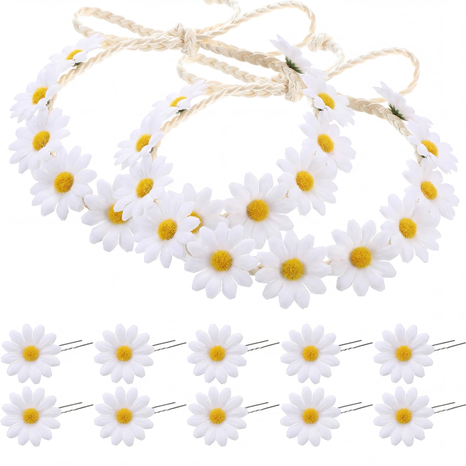 Boao 12 Pcs Daisy Headband Set for Women Girls, 2 Boho Hippie Flower Crown with 10 Daisy Hair Clips, Floral Hair Accessories for