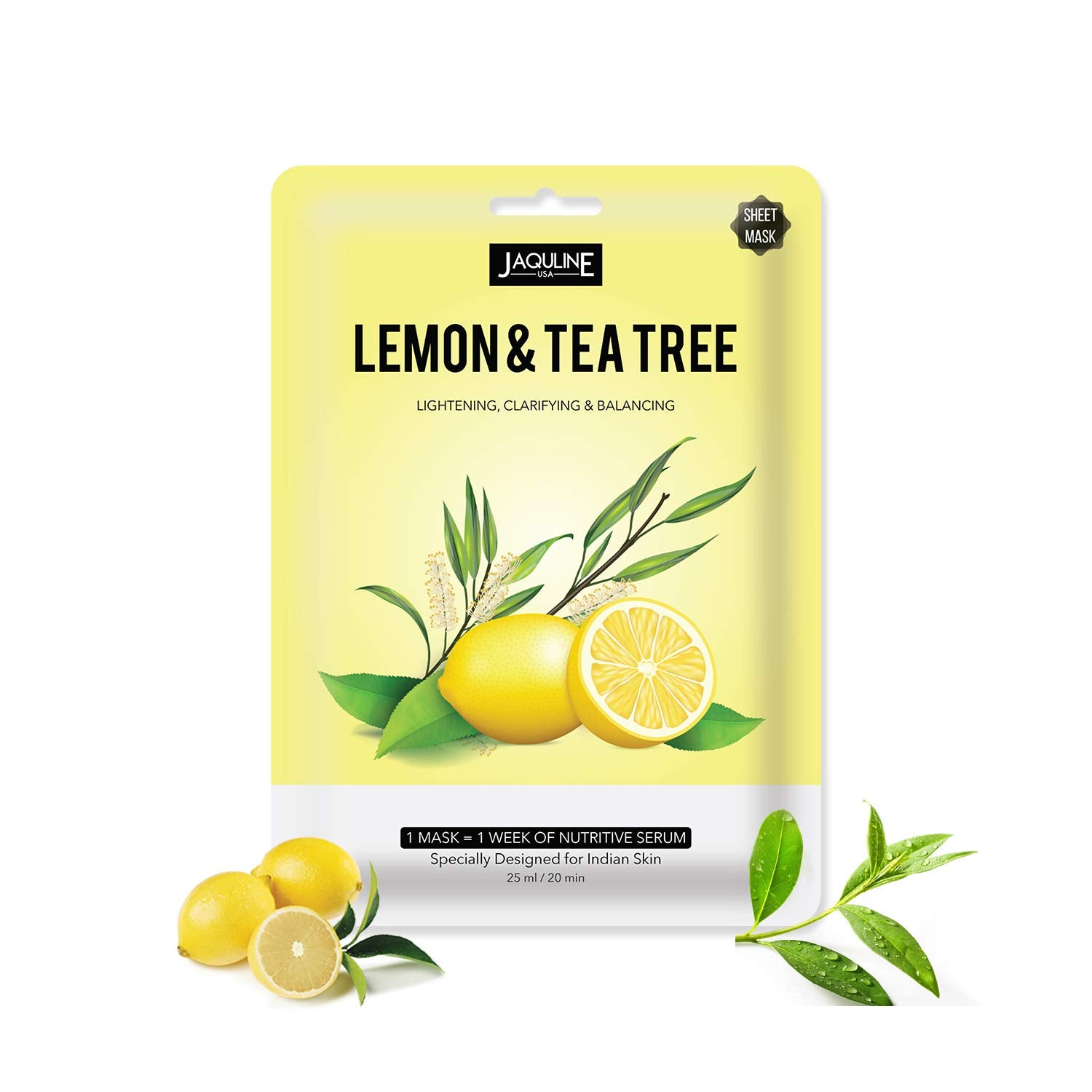 Jaquline Usa Lemon & Tea Tree Sheet Mask | Zero Paraben & Sulphate | Biodegradable | Lightweight | Hydrating & Skin Firming