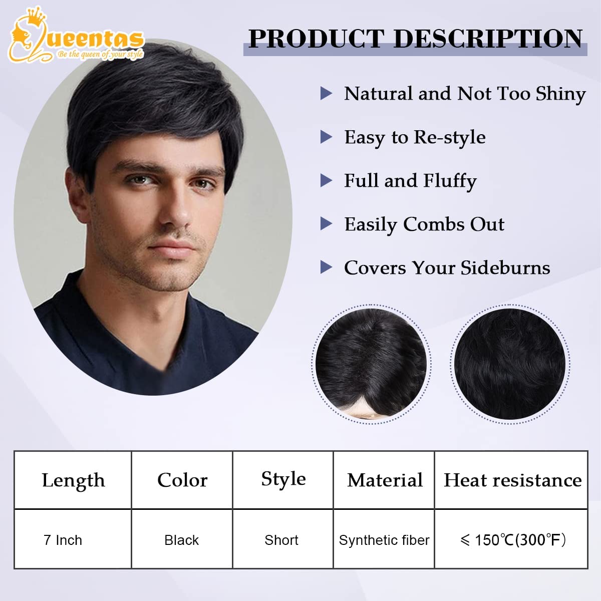QUEENTAS Mens Wig Short Hair, Mens Hair Replacement Wigs Mens's Black Wig for Men Hair Full Wig for Male Guy Christmas Costume P