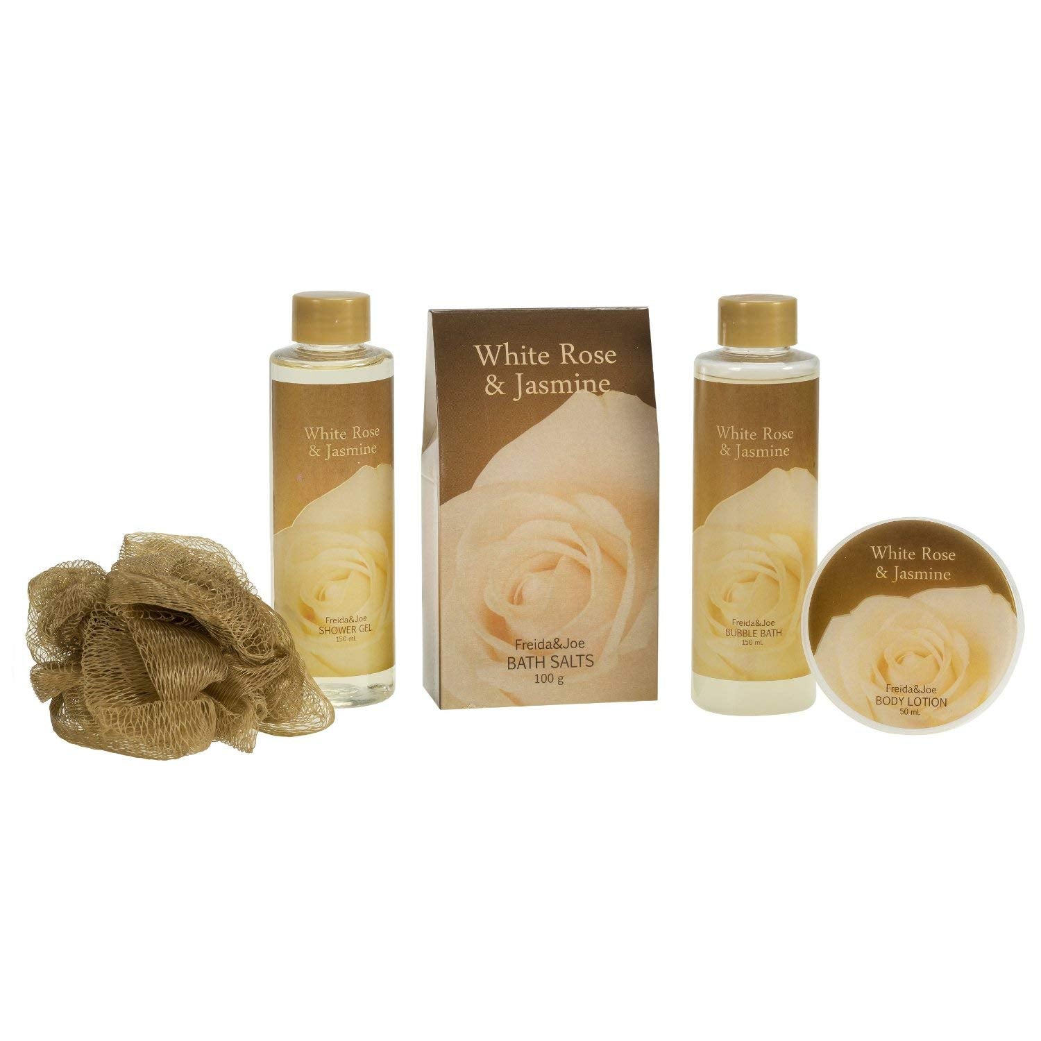 White Rose Jasmine Spa Set For Women In Elegant Gold Tub Includes Shower Gel, Bubble Bath, Body Lotion, Jasmine Bath Salt, Pouf,