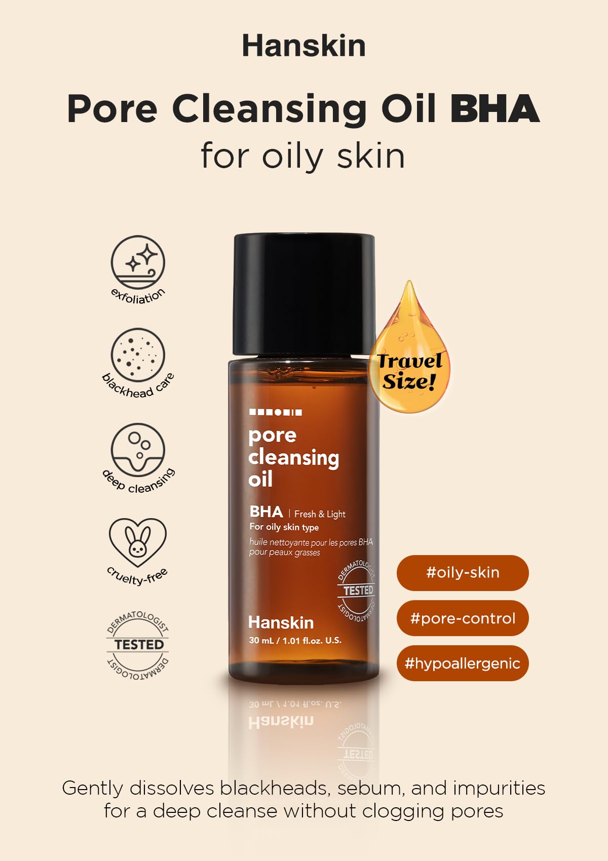 Hanskin BHA Pore Cleansing Oil, Sample Trial Size, Travel Size Mini Makeup Remover Set, Gentle Blackhead Cleanser for Combinatio