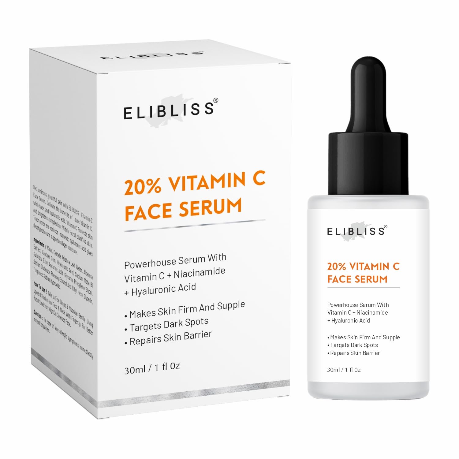 Elibliss 20% Vitamin C Face Serum With Niacinamide & Hyaluronic | Daily Facial Serum For Hydrated & Healthy Looking Skin | 30Ml