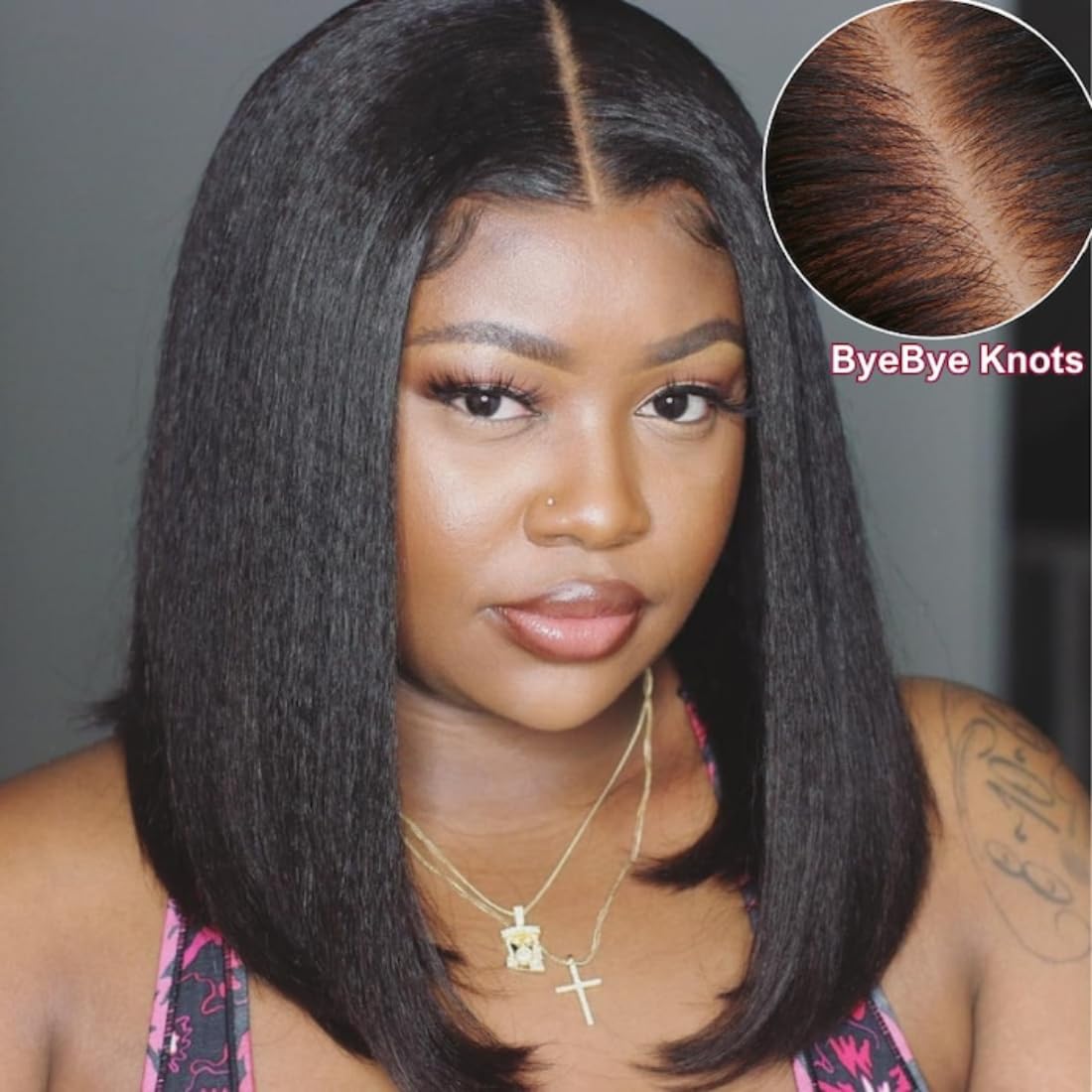 Beauty Forever 7X5 Bye Bye Knots Wear And Go Wig Yaki Straight Pre Cut Lace Bob Wigs Human Hair Lace Closure Wig Pre Plucked, Ea
