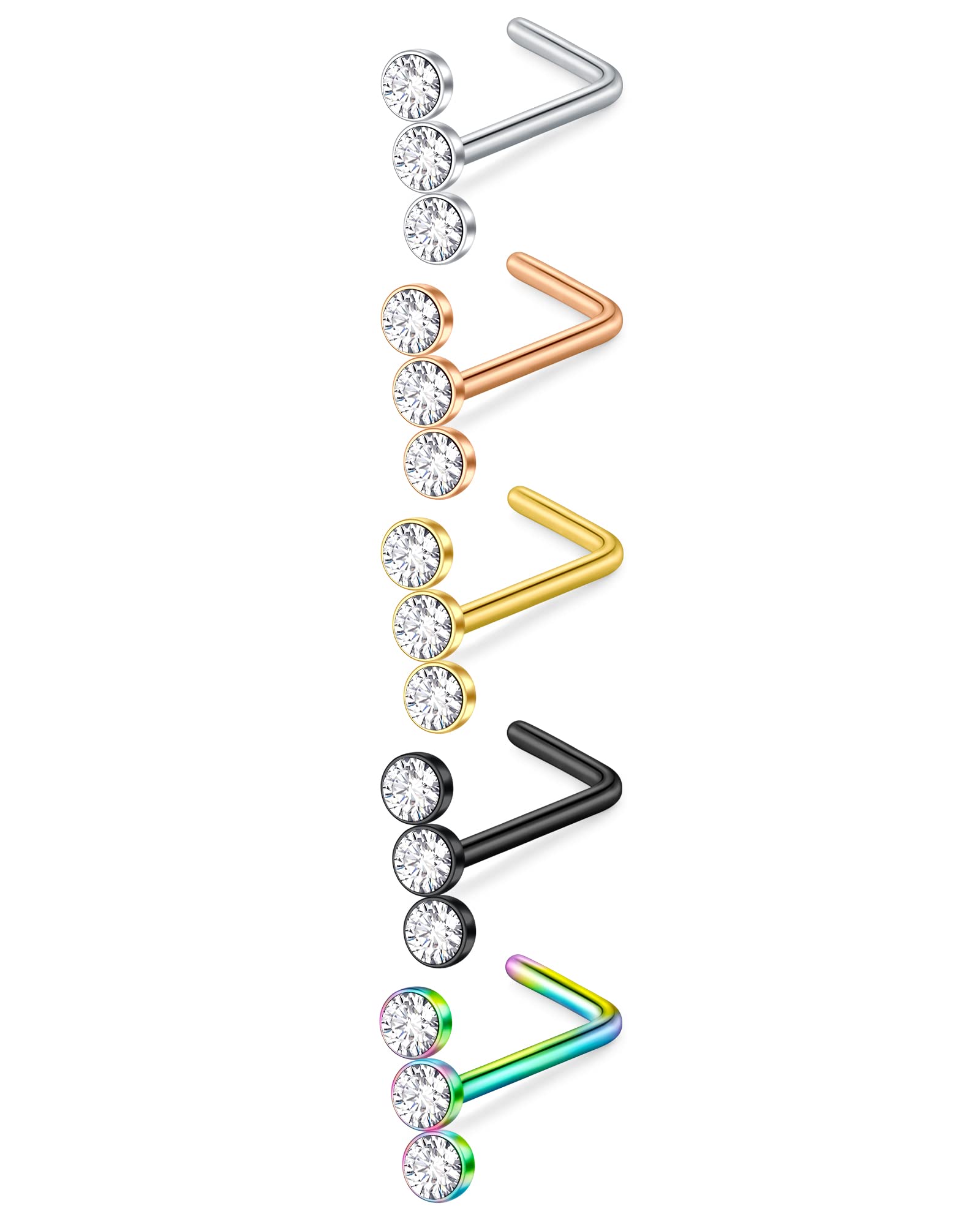 D.Bella 18G Nose Studs Surgical Stainless Steel Nose Rings Studs Diamond L Shaped Nostril Nose Piercing Jewelry