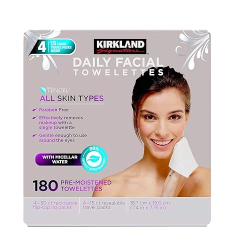 KIRKLAND SIGNATURE Micellar Facial Cleansing Towelettes, Paraben Free, 180 Count, White, Model 6092018