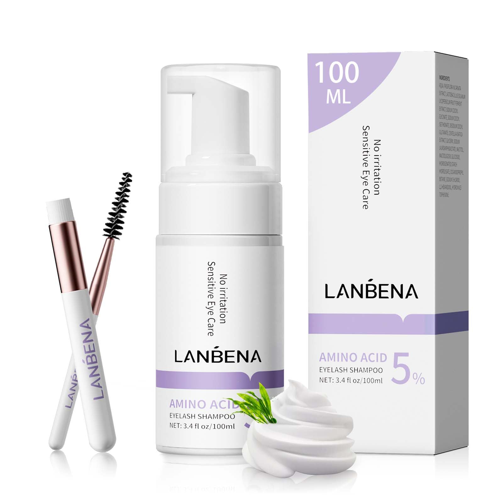 Lanbena 100Ml Eyelash Extension Cleanser, Lash Shampoo For Lash Extensions, Amino Acid Eyelash Shampoo Oil Free Foam Lash Bath F