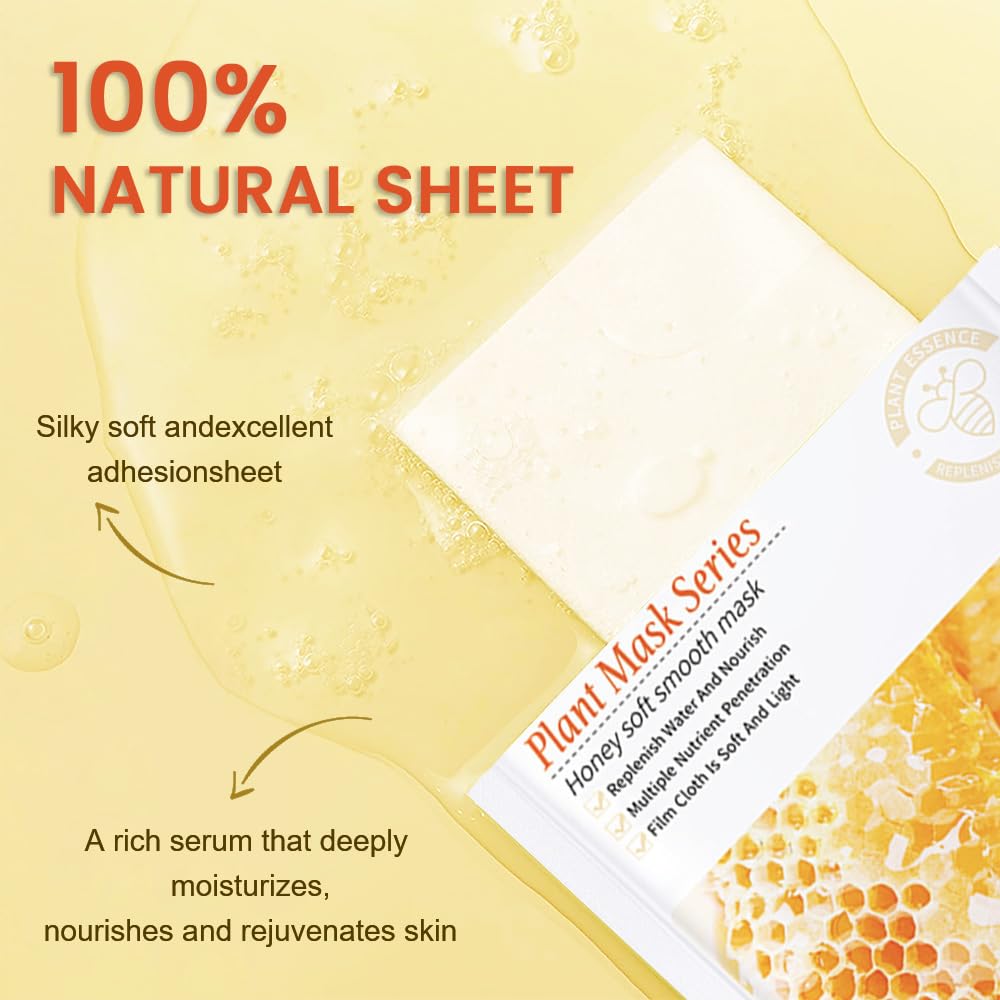 Kaely 6 Pack Honey Sheet Masks,Hydrating Smoothing Face Masks For Women Men,Facial Mask Skin Care Korean,Moisturize,Brighten,Nou