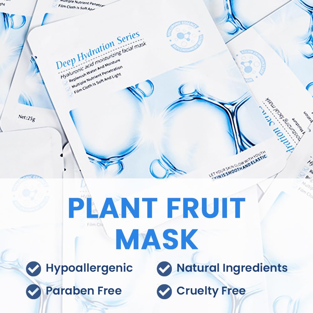 Kaely 10 Pack Hyaluronic Acid Masks,Hydrating Smoothing Face Masks For Women Men,Facial Mask Skin Care Korean,Moisturize,Brighte