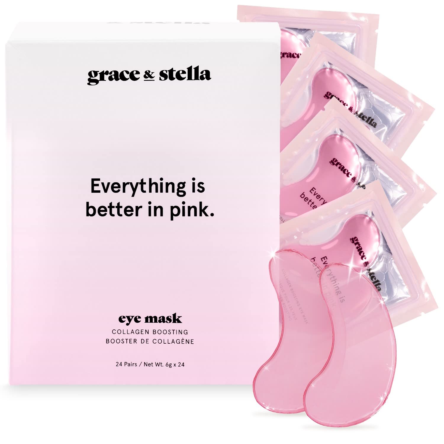 grace & stella Award Winning Pink Under Eye Mask - 24 Pairs, Vegan Gel Patches for Dark Circles, Puffiness, Bags & Wrinkles