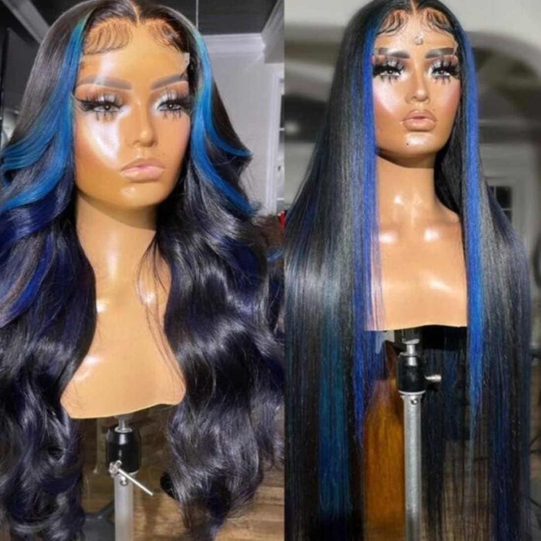 Ombre Blue13X4 Lace Front Wigs Human Hair Body Wave 1B/Blue Skunk Stripe Lace Frontal Wigs Pre Plucked Hairline Royal Blue Highl