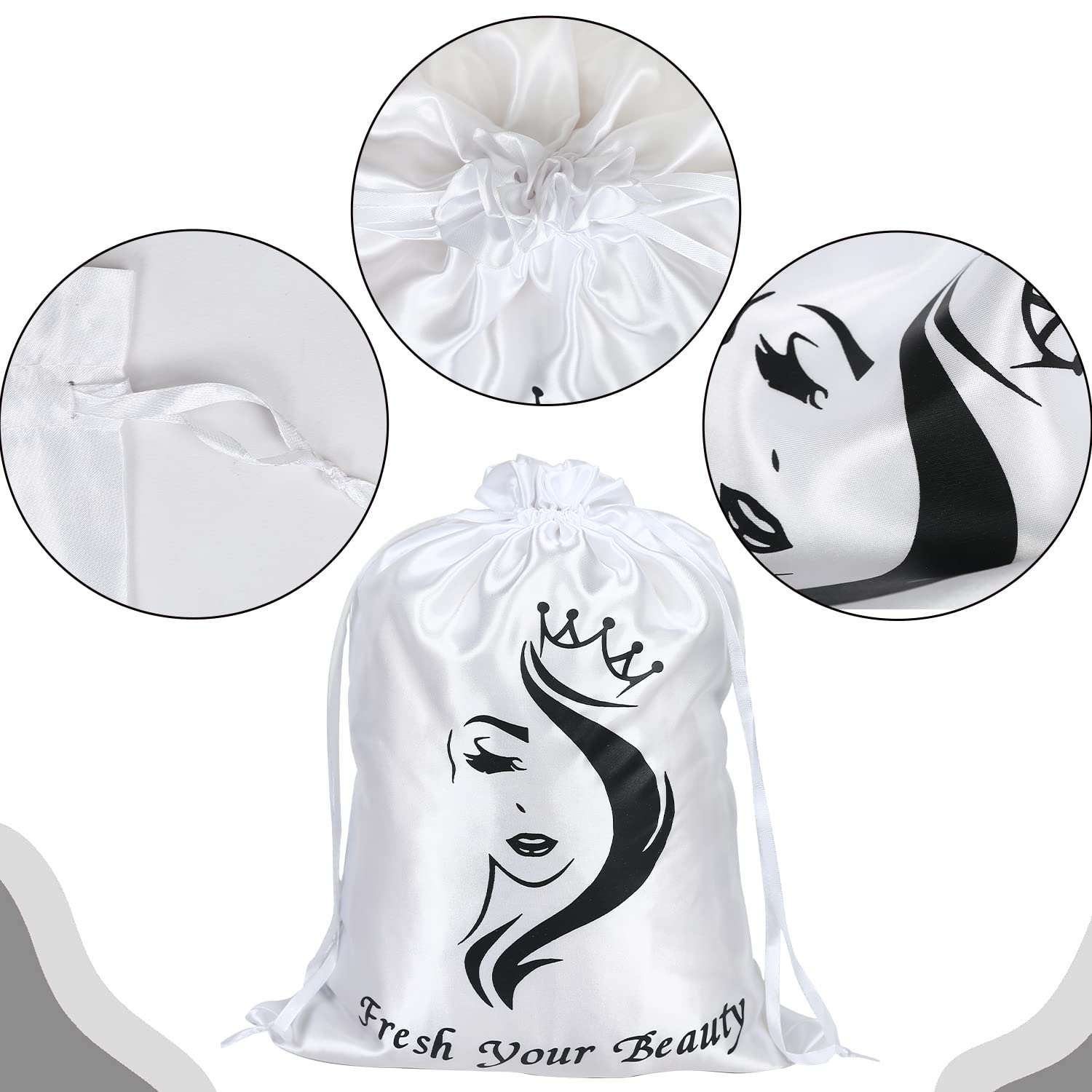 AliLeader 6 Pcs Silk/Satin Wig Storage Bags, Drawstring Travel Bag for Bundles,Wigs,Hair Extensions,Gift(White, Pink)