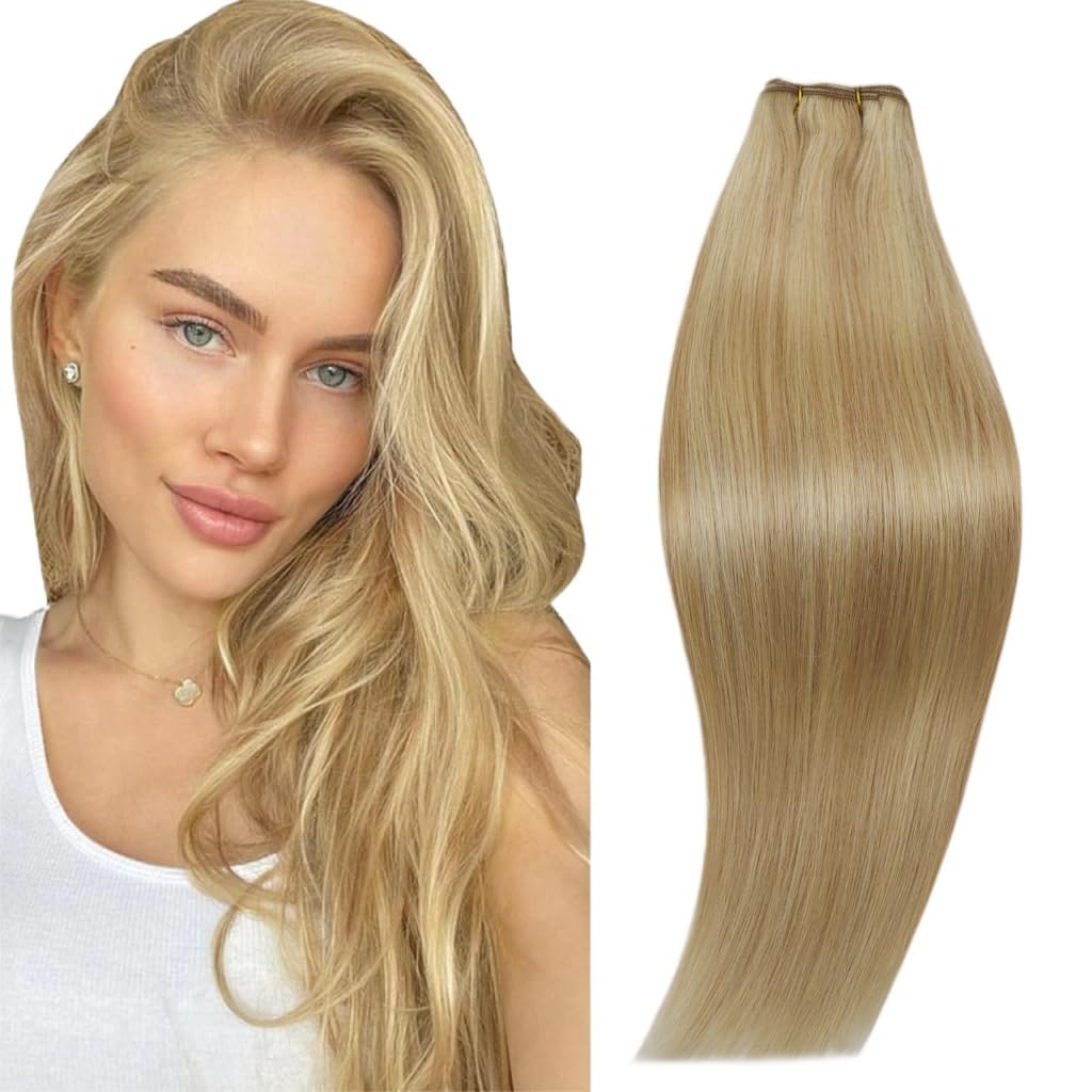 RUNATURE Blonde Genius Weft Hair Extensions Human Hair Straight Weft Human Hair Extensions 14 Inch 100g Golden Blonde Mix Platin
