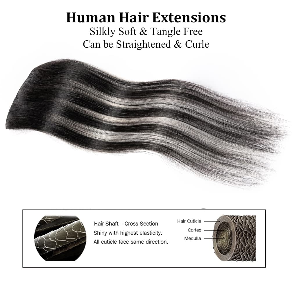 12'' Clip In Hair Extensions Remy Human Hair Black Balayage Silver For Women - Silky Straight 100% Real Human Hair 50Grams 4Piec