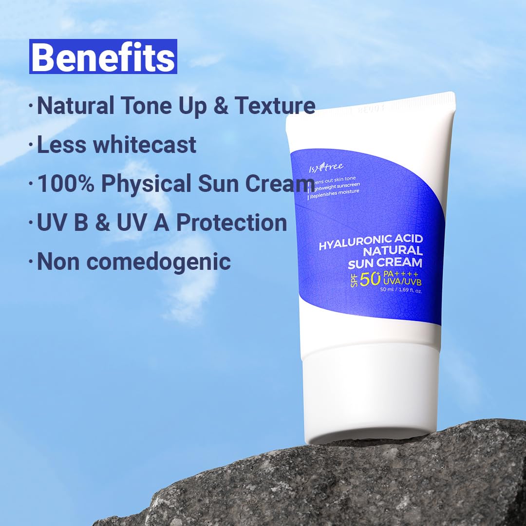 ISNTREE Hyaluronic Acid Natural Suncream SPF50 PA++++ 50ml, 1.69 fl.oz | Evens out skin tone | Lightweight sunscreen | Replenish