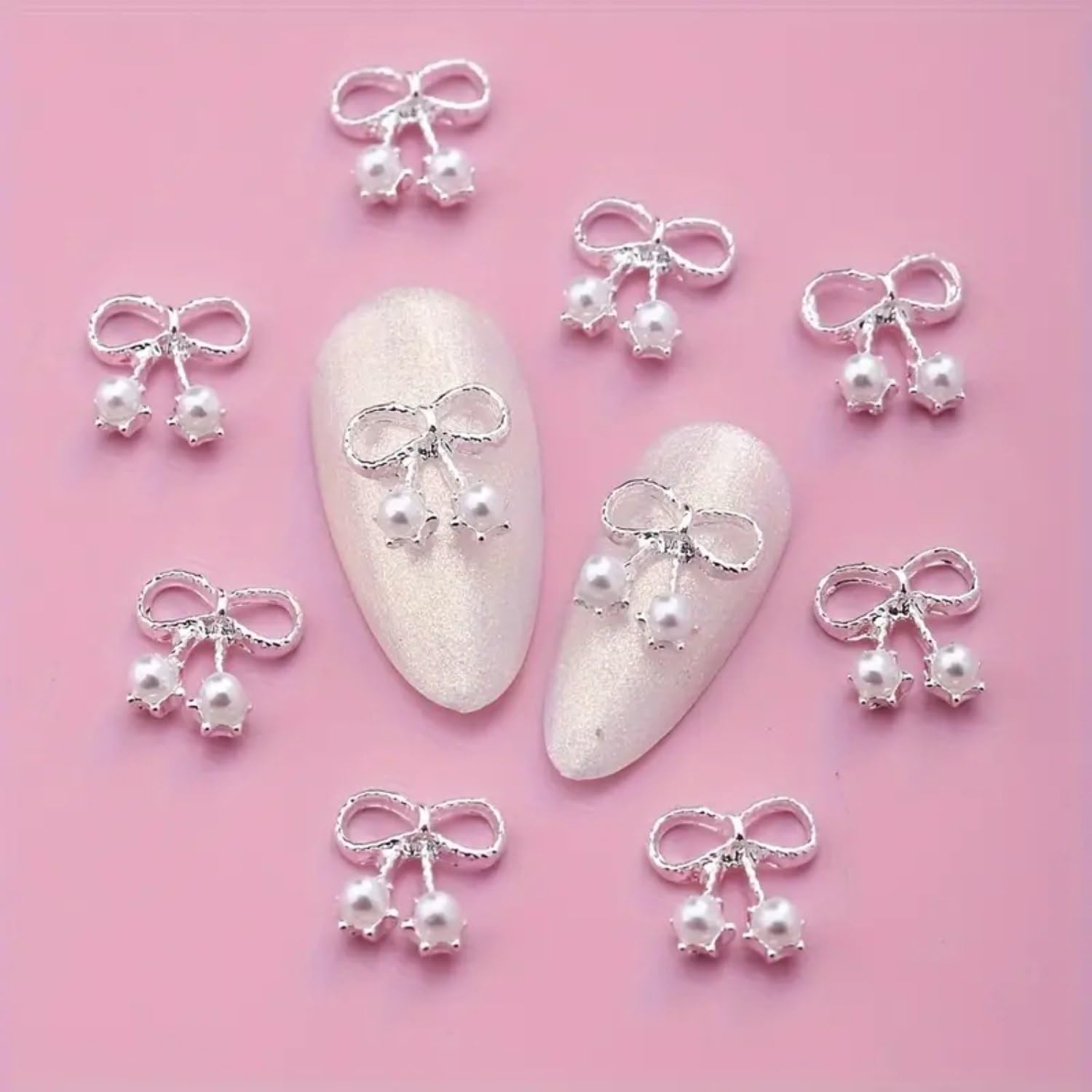 10Pcs Bow Nail Charms For Nail Art, 3D Silver Alloy Bowknot Nail Rhinestones With Pearls Design Cute Metal Crystal Nail Art Char