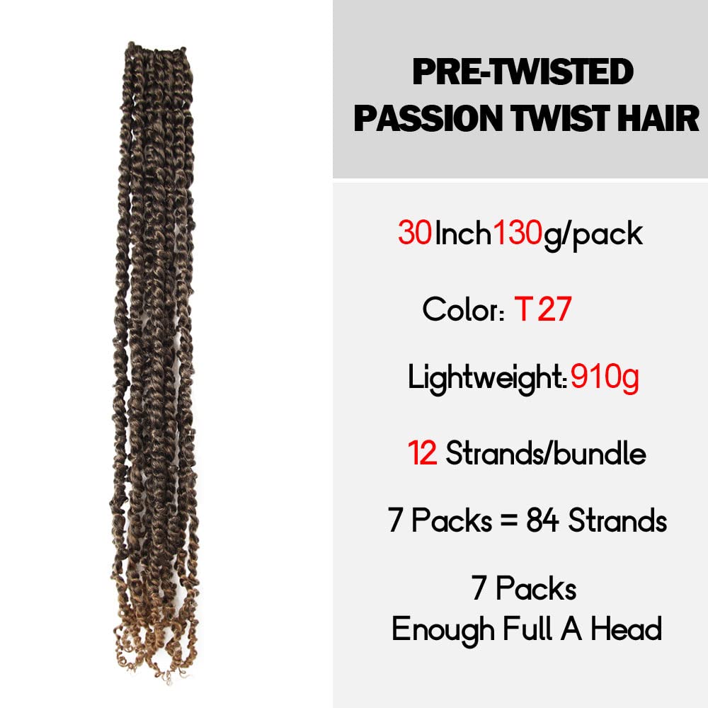 WUDAS 30" Pre-twisted Passion Twists Crochet Hair, Ombre Honey Blonde, 7 Packs, Synthetic