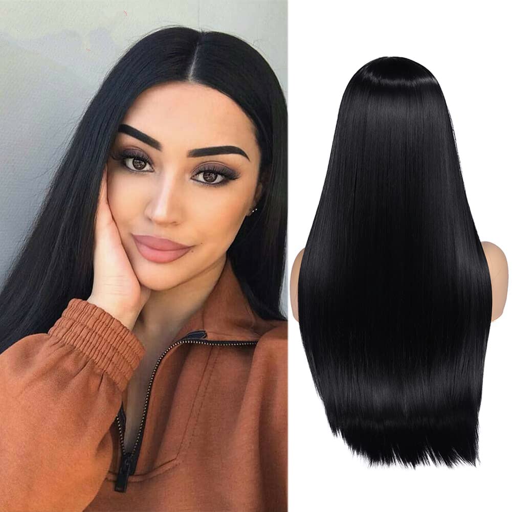 WIGER Long Black Wigs Straight Black Hair Dye Wig for Women Middle Part Synthetic Heat Resistant Natural Hair for Party or Hallo