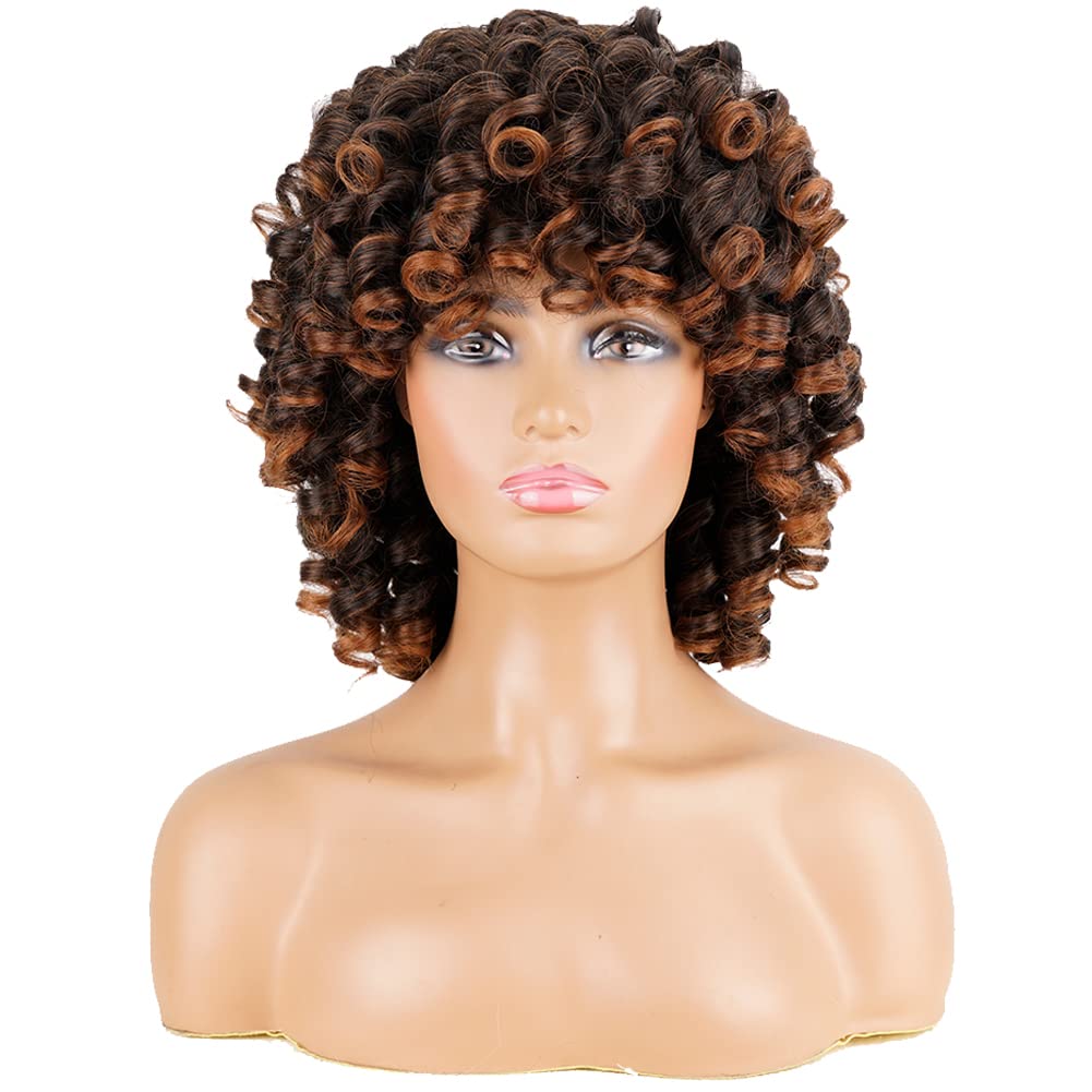Andromeda Curly Wigs For Black Women Brown Short Curly Wig With Bangs Soft Afro Kinky Curly Synthetic Wig For African American W