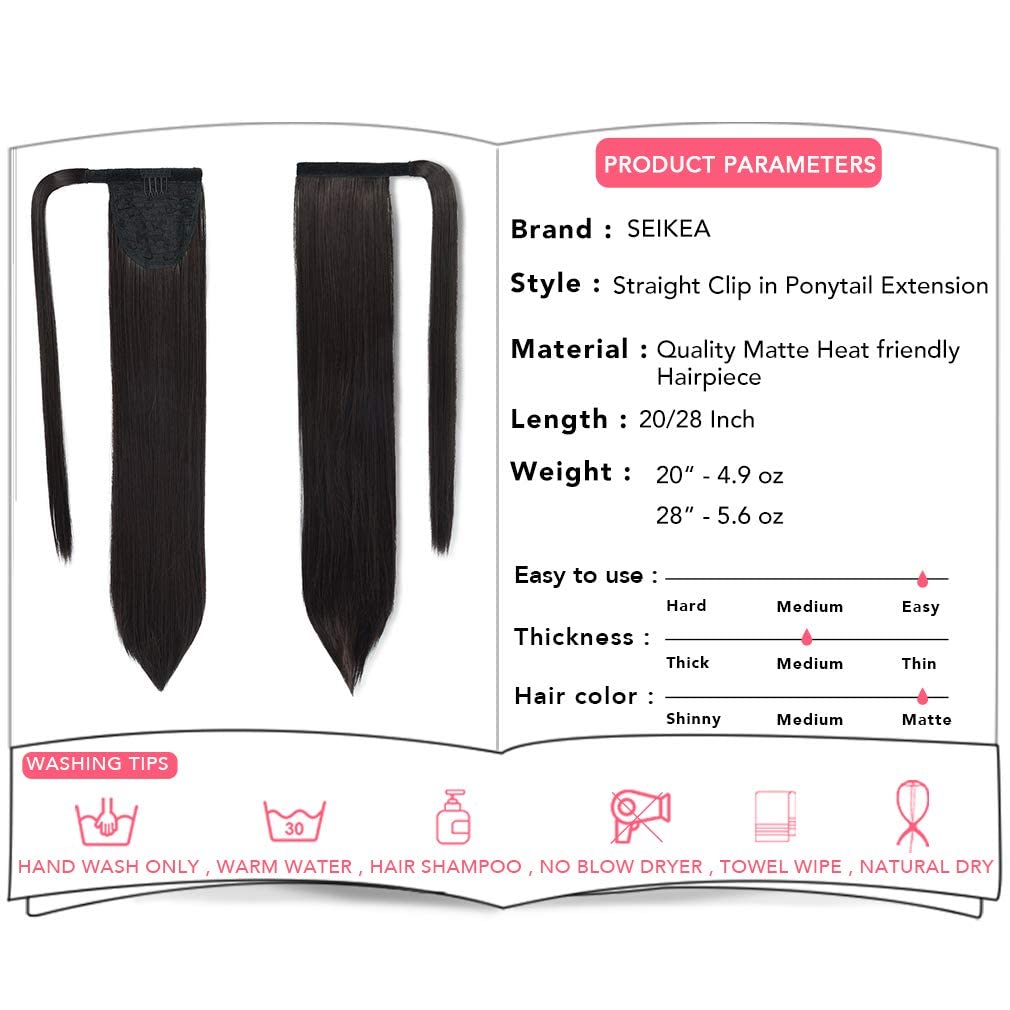 SEIKEA Clip in Ponytail Extension Wrap Around Long Straight Ponytail Natural Soft Synthetic Hairpiece for Women 28 Inch- Black B