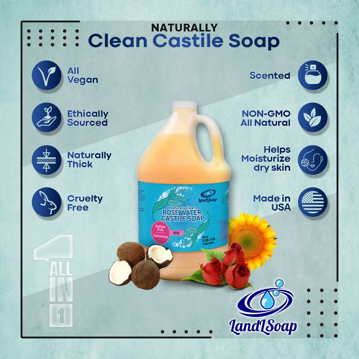 Landlsoap Rose Water Pure Castile Liquid Soap For Face, Hand & Body Wash- Vegan, Made In Usa, All Skin Types, Dry & Sensitive Sk