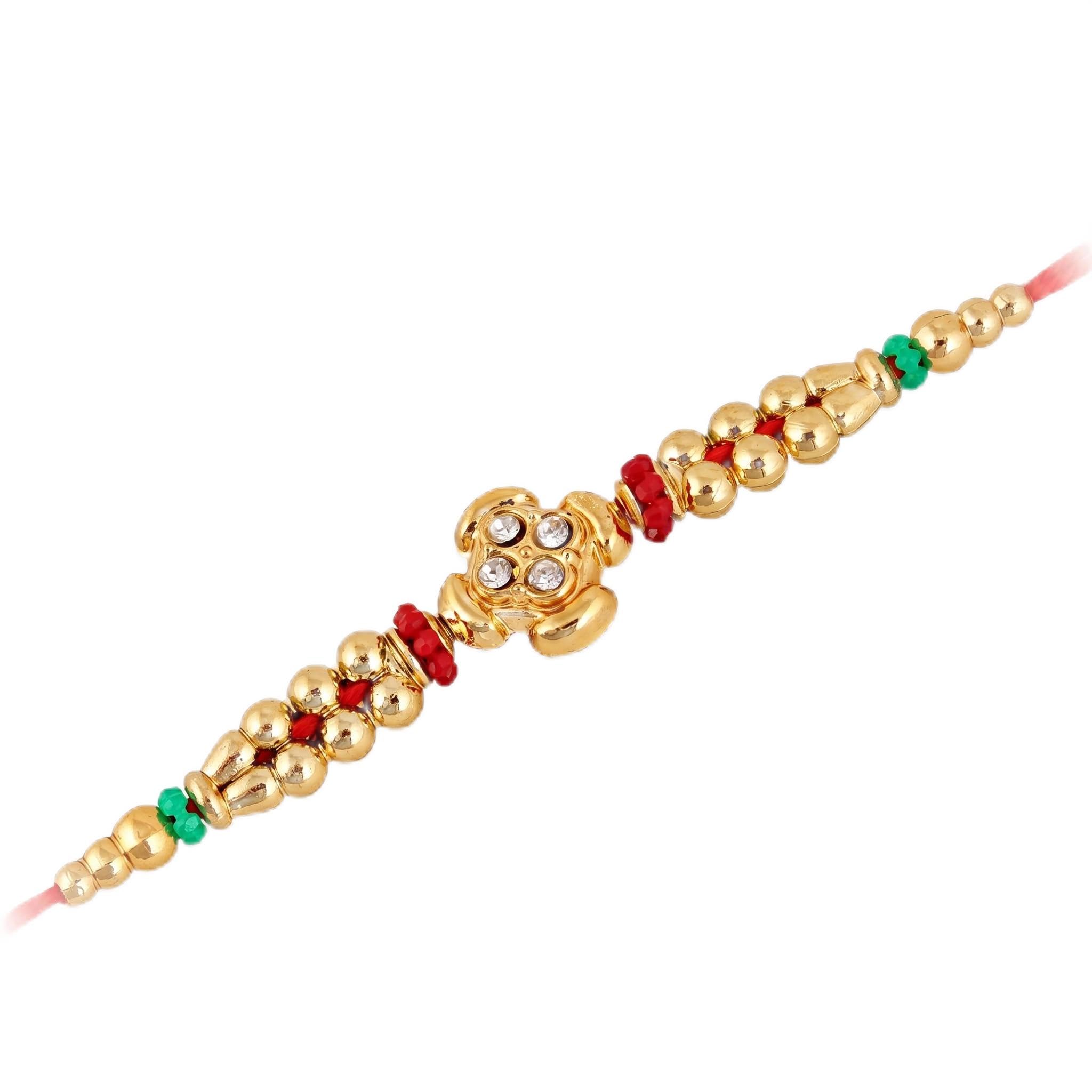 Lucky Jewellery Designer GoldToned Rakhi For Brother With Crystal Centerpiece | Complete Rakhi Set With Roli, Chawal (22S7R1E