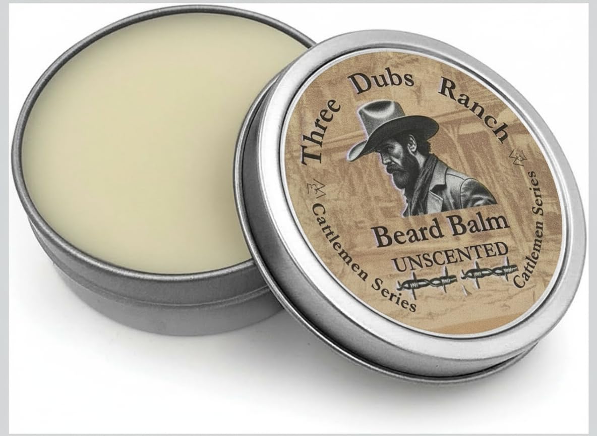 Three Dubs Ranch Beard Balm Unscented 100% Natural withGlycerin, Aloe, Macha Tea, Almond oil, Argan oil, Vitamin E, Tallow, Bees