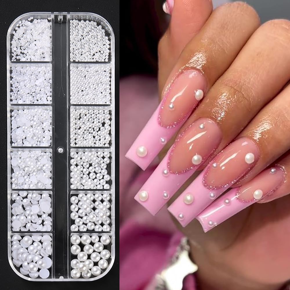 Multi Sizes Round and Half Round Pearls 3D Nail Charms, White Flatback Pearls Nail Jewelry for Women Girls Manicure Nails Suppli