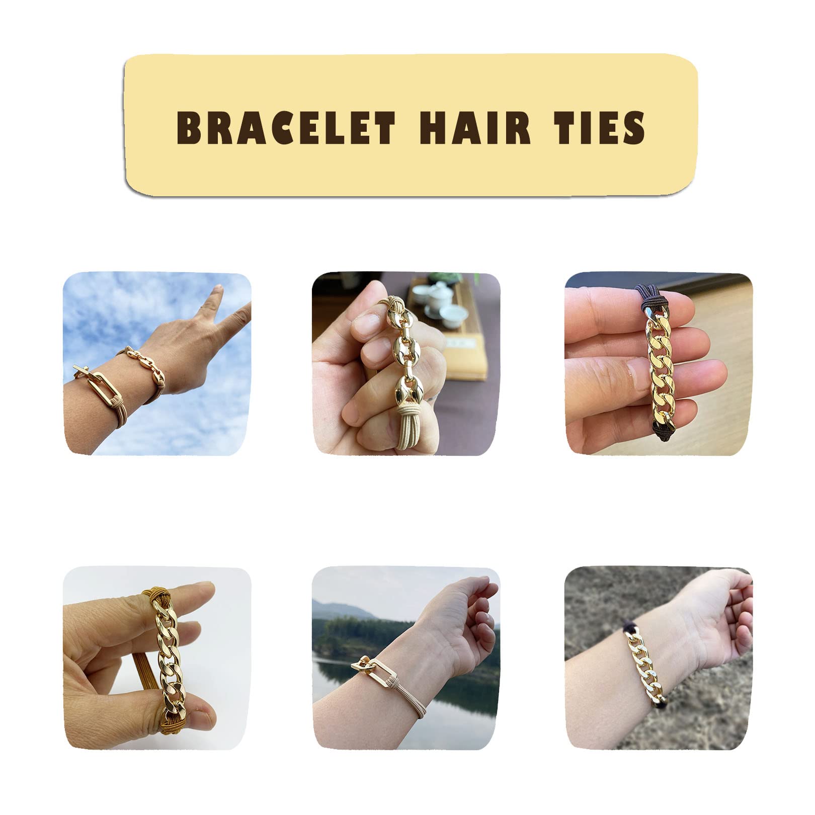 Bracelet Hair Ties Decorative Gold, Pretty High Ponytail Holder Cute Elastic Ponytail Jewelry Luxury Scrunchies Caramel